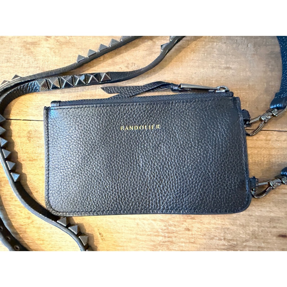 Bandolier Black Pebbled Leather Pouch Studded Crossbody Strap Gunmetal Hardware - Picture 2 of 11